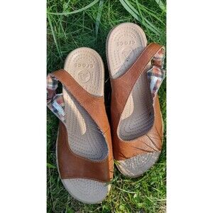 Crocs A-Leigh Brown Leather Slingback Cork Wedge Sandal